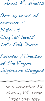 Anna R. Wells

Over 30 years of experience:
Flatfoot
Clog (all levels)
Int’l Folk Dance

Founder /Director of the Virginia Sugarcane Cloggers

￼6228 Josephine Rd.
Norton, VA. 24273
(276) 679-2096